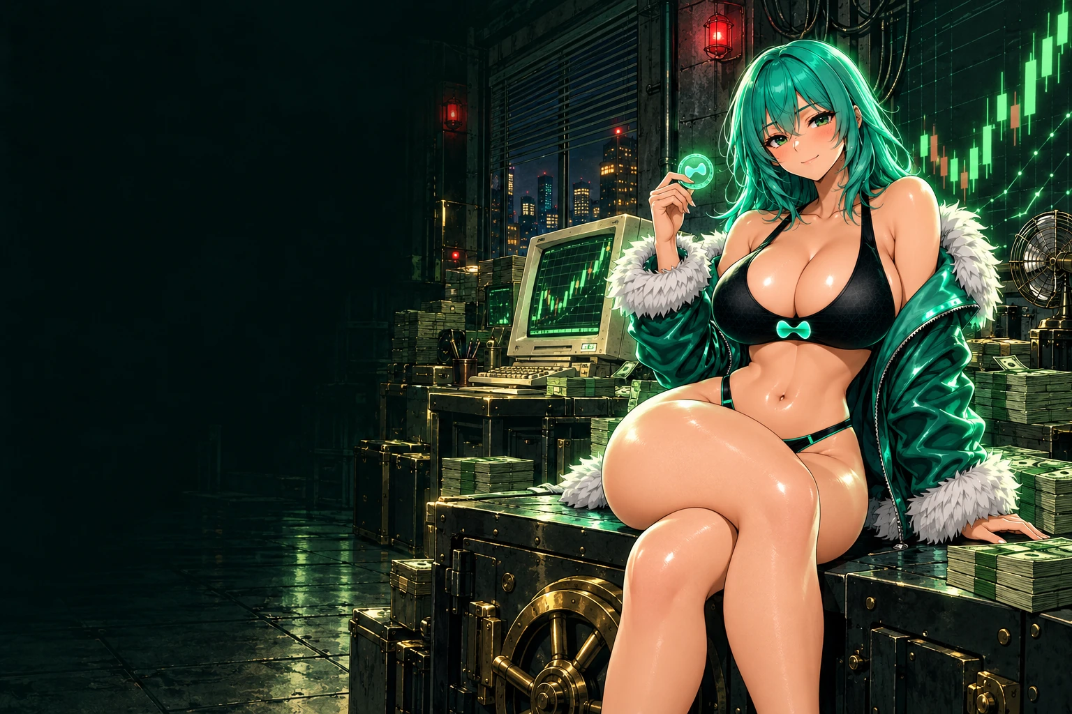 The teal-haired HYPE mascot holding a glowing token in an illustrated trading vault