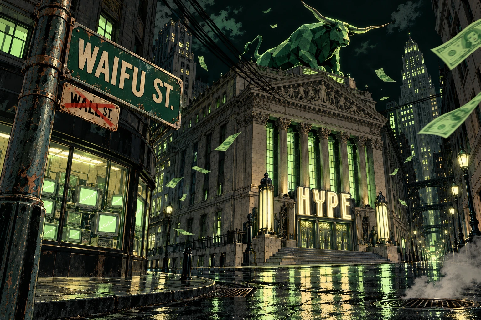 Original illustrated Waifu Street exchange with a giant green bull, CRT shop windows and flying banknotes